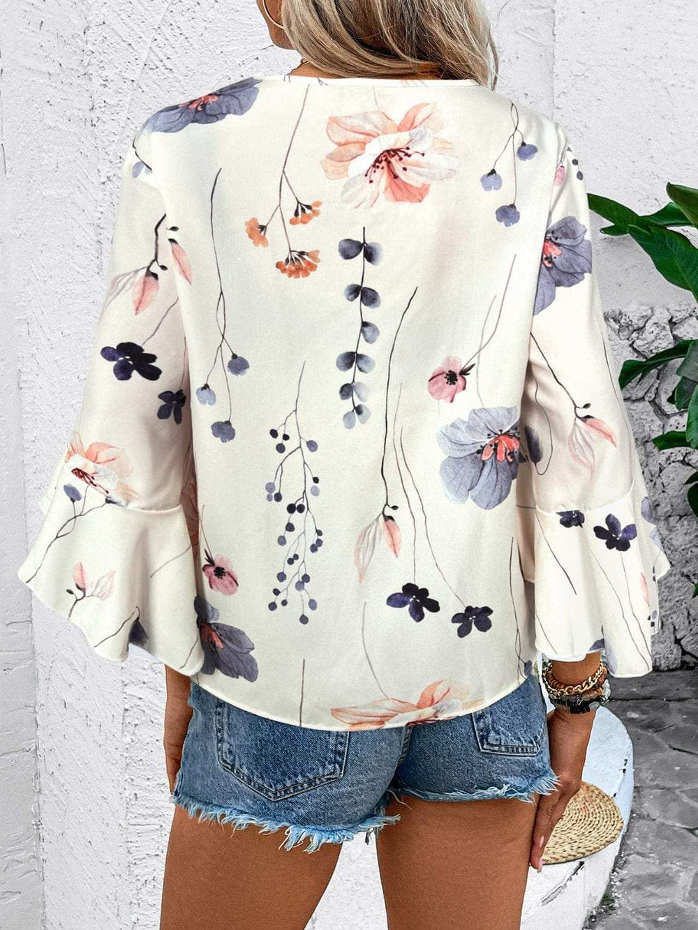 Ruffled Printed V-Neck Half Sleeve Blouse - Trendsi - Flyclothing LLC