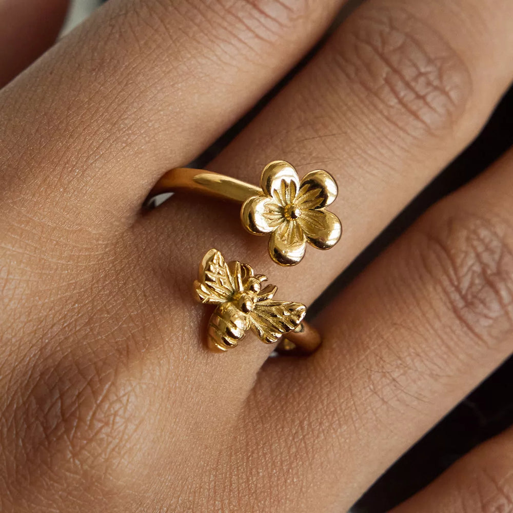 18K Gold-Plated Flower Bee Open Ring - Trendsi - Flyclothing LLC