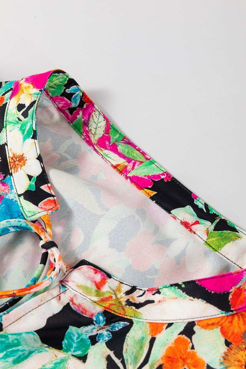 Floral Tie Neck Balloon Sleeve Blouse - Trendsi - Flyclothing LLC