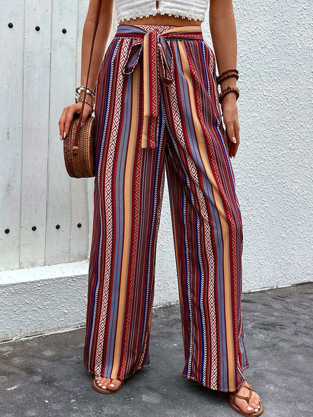 Tied Geometric Wide Leg Pants - Trendsi - Flyclothing LLC