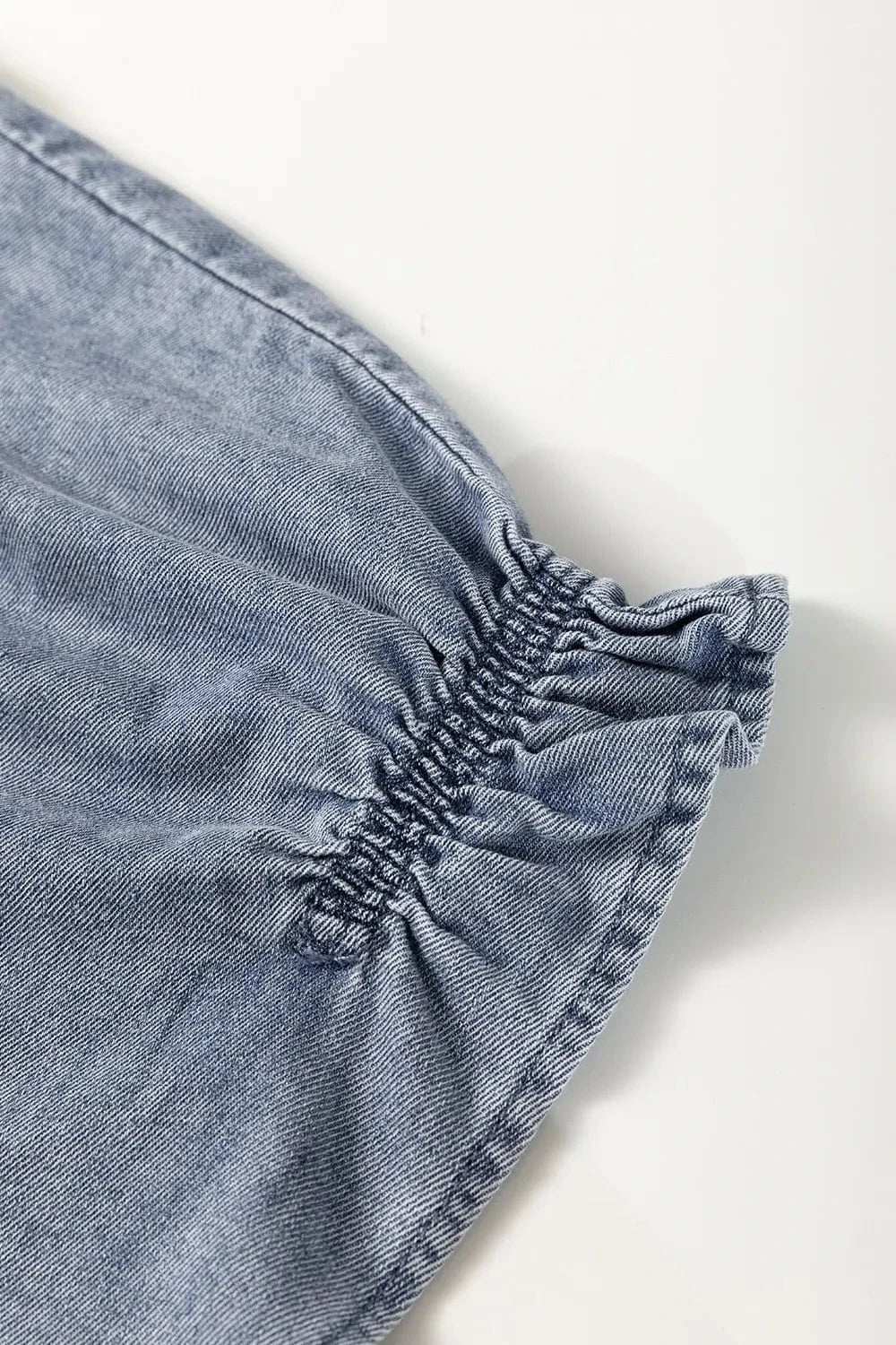 V Neck Ruffled Short Puff Sleeve Denim Top - Trendsi - Flyclothing LLC