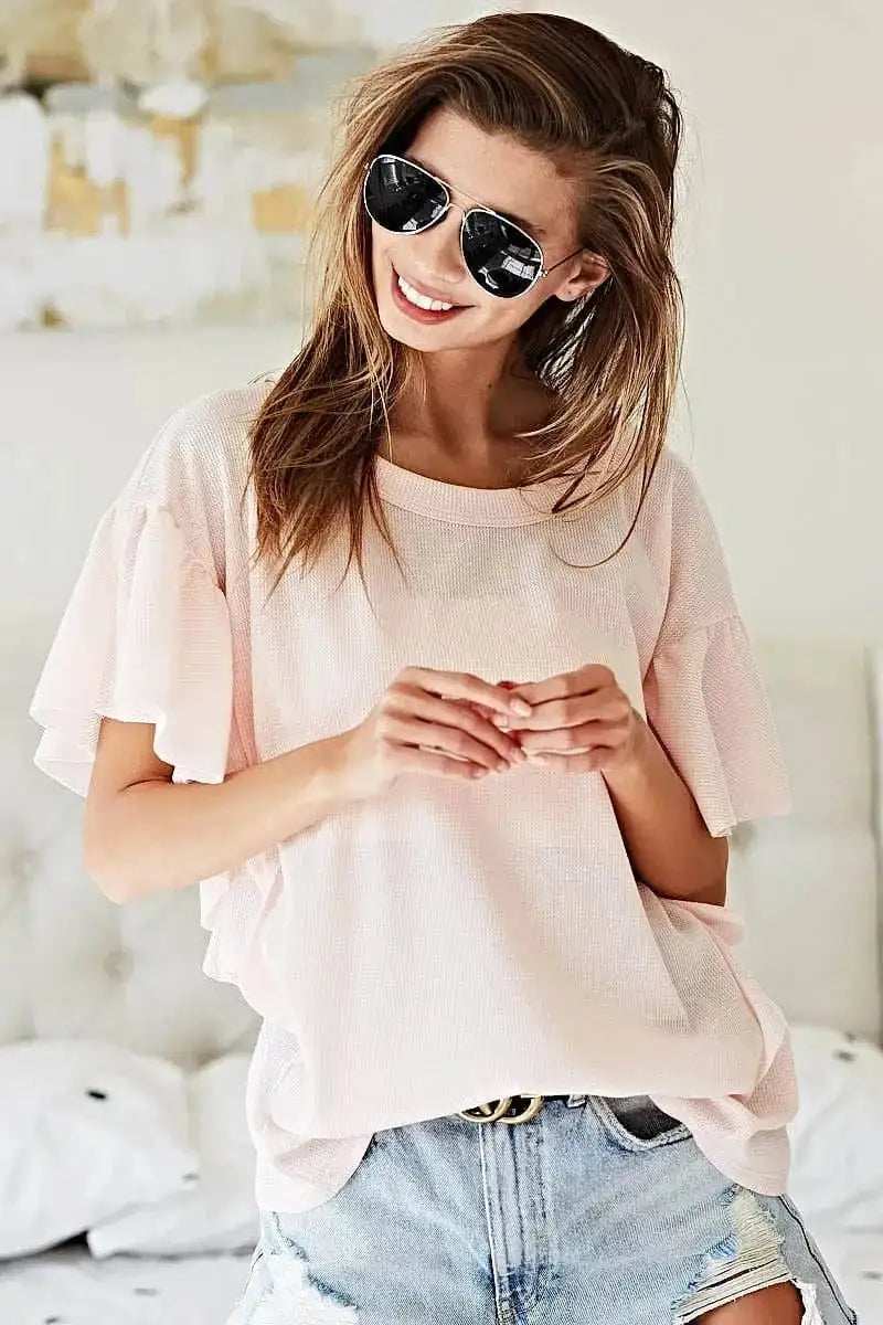 BiBi Thermal Knit with Ruffled Sleeve Top - Trendsi - Flyclothing LLC