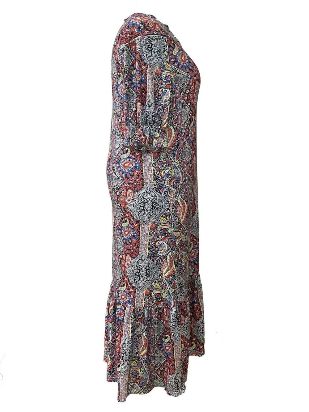 Full Size Bohemian Paisley Print Ruffle Hem Midi Dress Plus Size - Trendsi - Flyclothing LLC