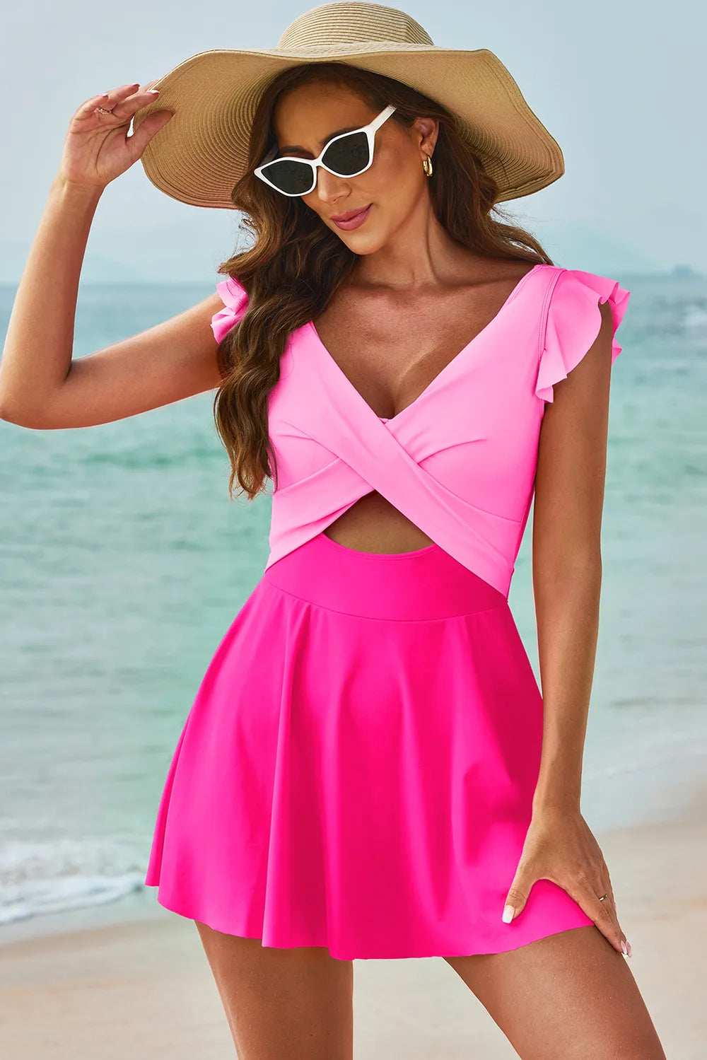 Cutout V-Neck Cap Sleeve One-Piece Swimwear - Trendsi - Flyclothing LLC