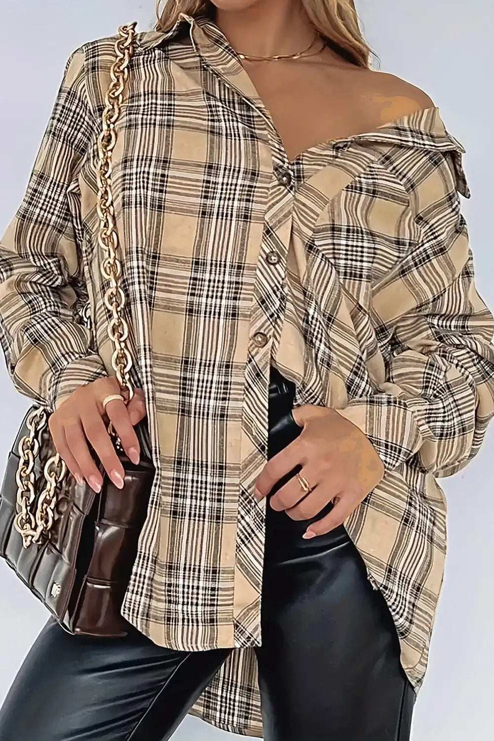 Plaid Collared Neck Long Sleeve Shirt - Trendsi - Flyclothing LLC