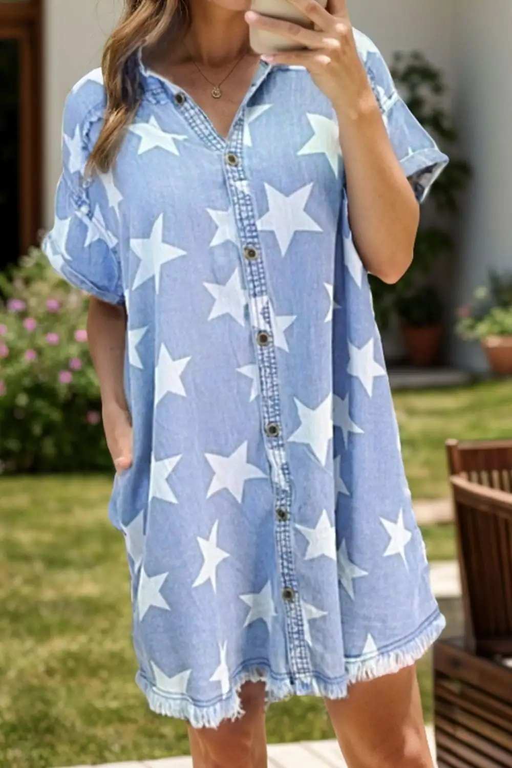 Raw Hem Star Short Sleeve Denim Dress - Trendsi - Flyclothing LLC