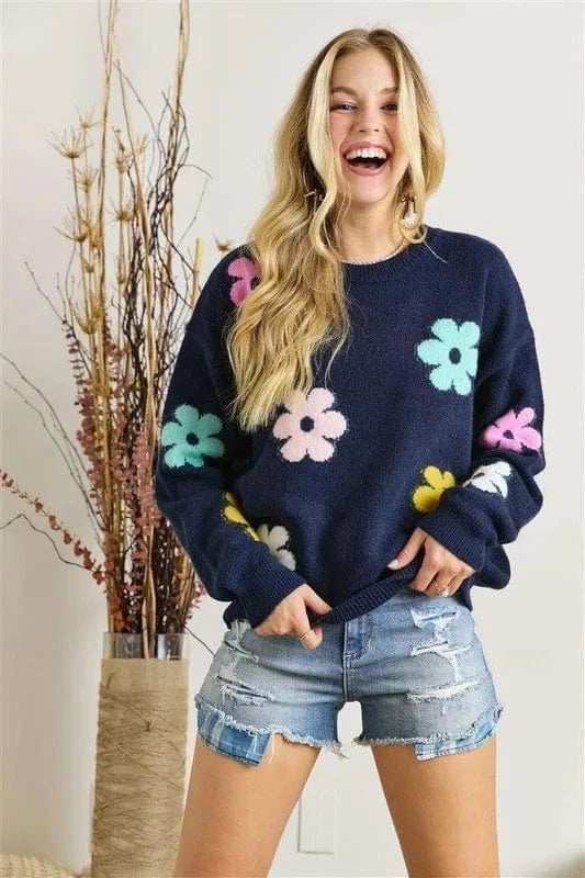 ADORA Full Size Flower Popped Sweater Plus Size - Trendsi - Flyclothing LLC