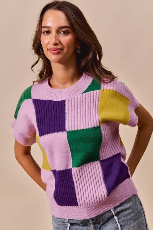 SO ME Mardi Gras Check Plaid Casual Sweater Top - Trendsi - Flyclothing LLC