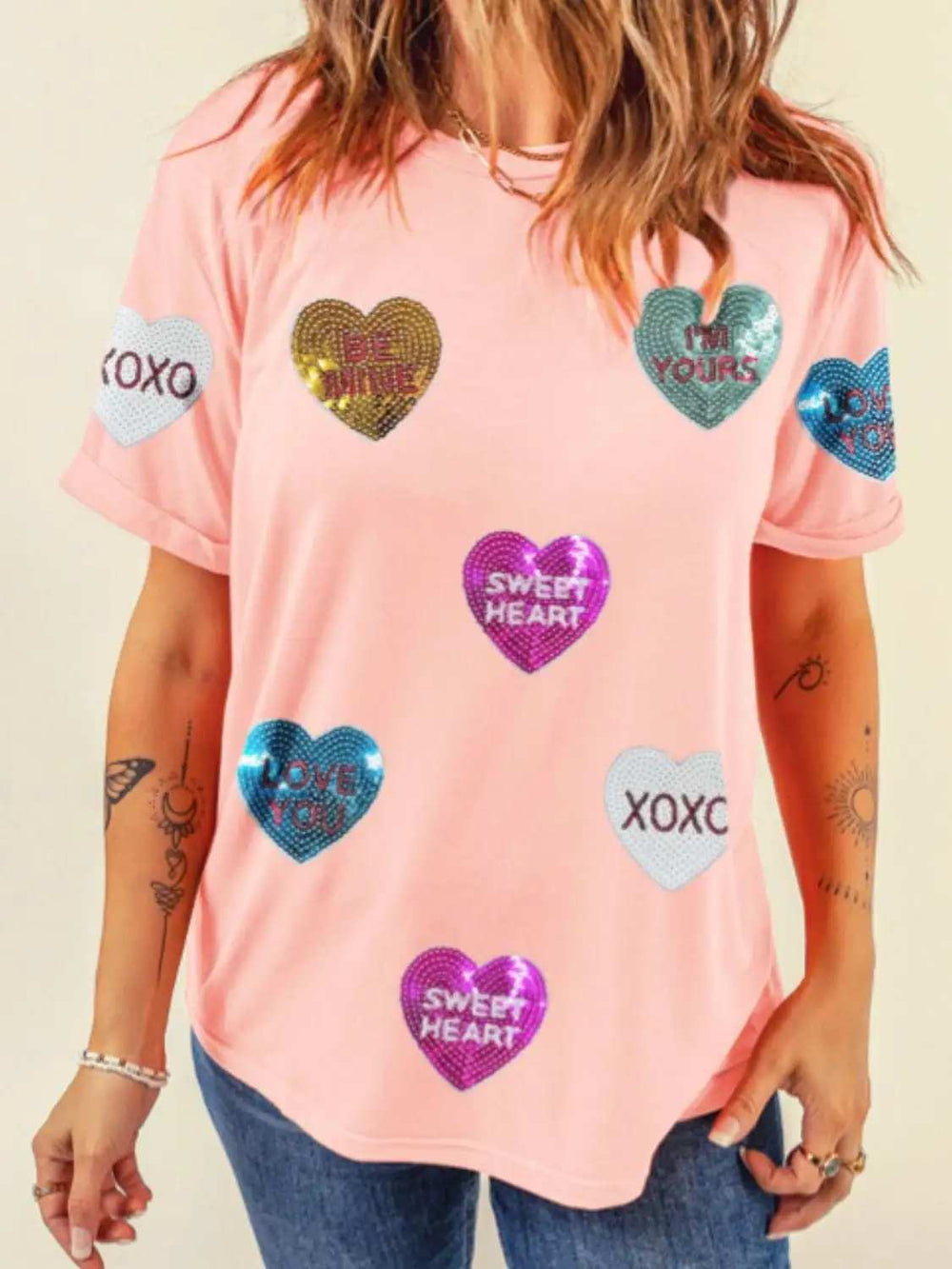 Valentine’s Day Sequin Heart Round Neck Short Sleeve T-Shirt - Trendsi - Flyclothing LLC