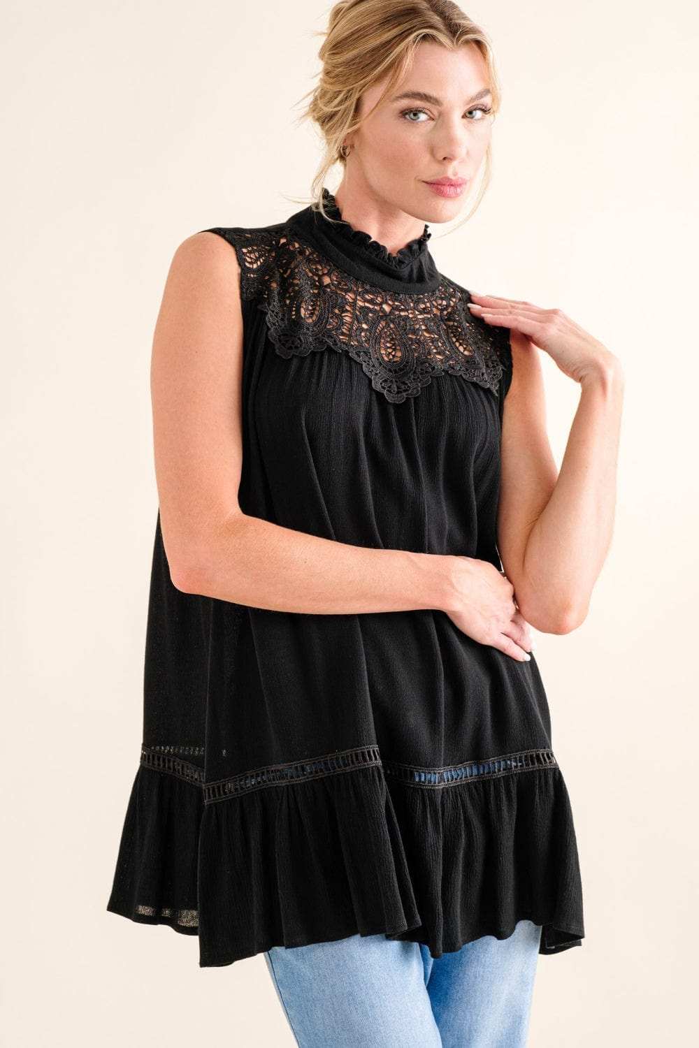 And The Why Lace Detail Sleeveless Ruffled Top - Trendsi - Flyclothing LLC