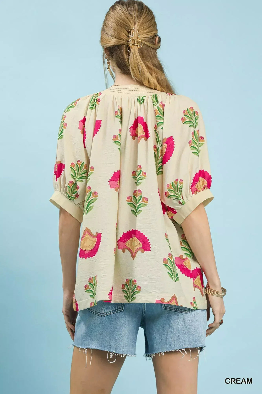 Umgee Abstract Print Blouse with Ruched Detail - Trendsi - Flyclothing LLC