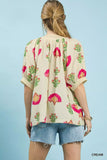 Umgee Abstract Print Blouse with Ruched Detail - Trendsi - Flyclothing LLC