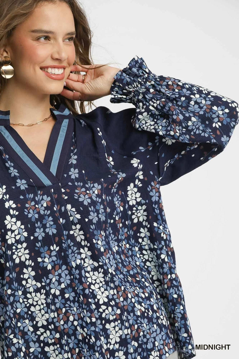 Umgee Full Size Floral Vine Print Blouse with Balloon Sleeves Plus Size - Trendsi - Flyclothing LLC