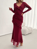 Devine Ruffled Surplice Long Sleeve Maxi Dress - Trendsi - Flyclothing LLC