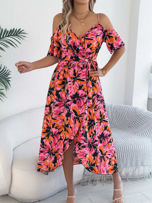 Printed Cold Shoulder Midi Cami Dress - Trendsi - Flyclothing LLC