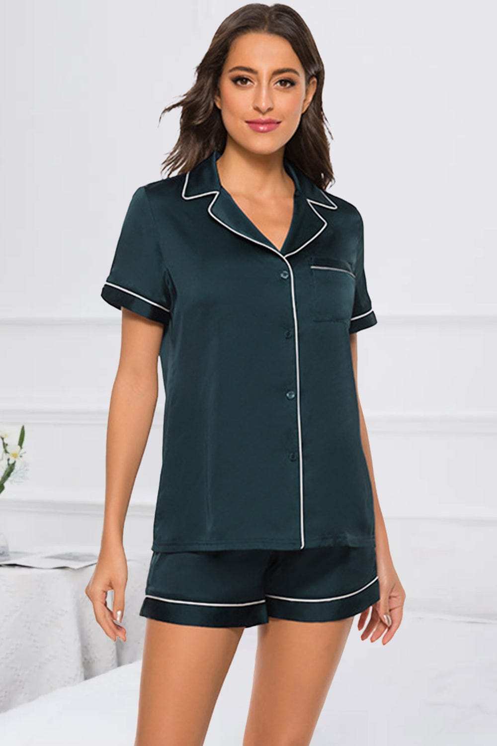 Printed Button Up Short Sleeve Top and Shorts Lounge Set - Trendsi - Flyclothing LLC