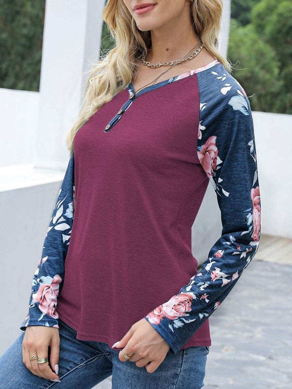 V-Neck Floral Long Sleeve T-Shirt - Trendsi - Flyclothing LLC