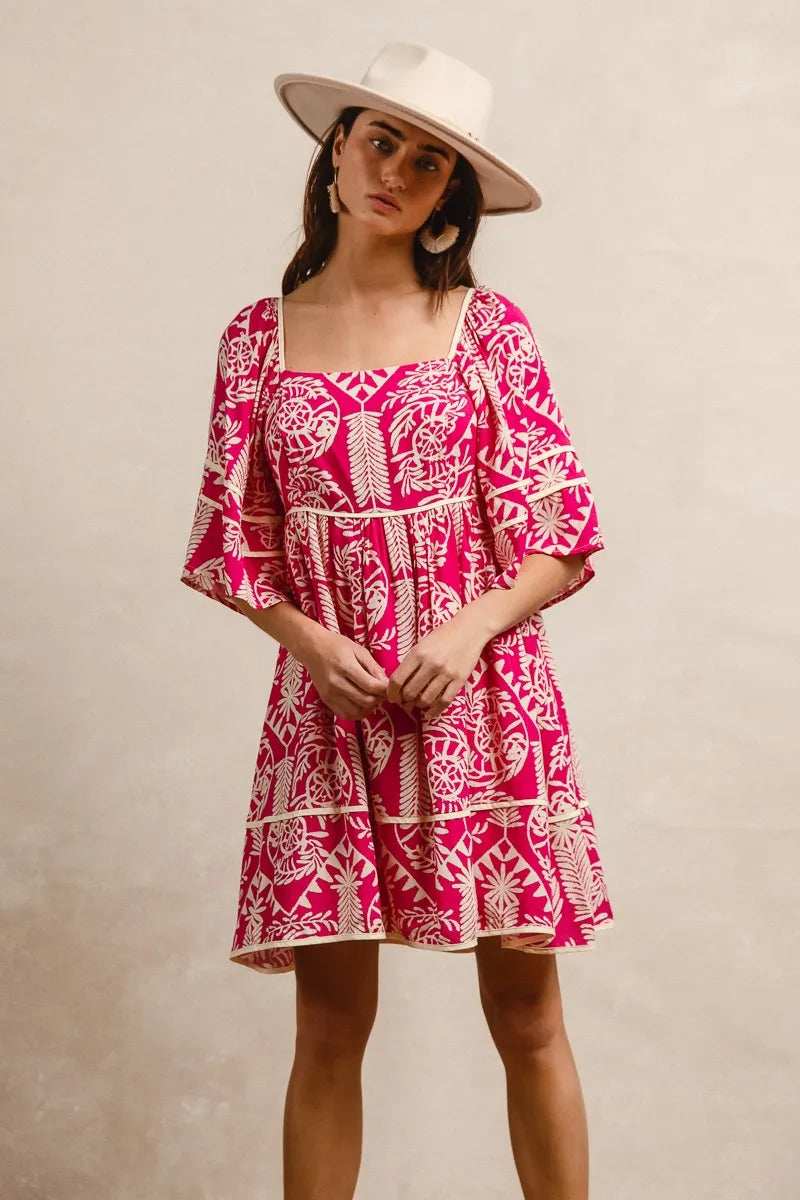 BiBi Aztec Woven Printed Contrast Binding Dress - Trendsi - Flyclothing LLC