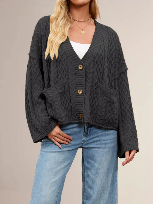 Cable Knit Button-Down Cardigan - Trendsi - Flyclothing LLC