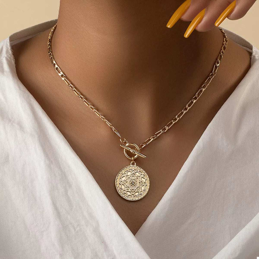 Chain Link Necklace with Vintage Coin Pendant - Trendsi - Flyclothing LLC