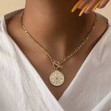 Chain Link Necklace with Vintage Coin Pendant - Trendsi - Flyclothing LLC