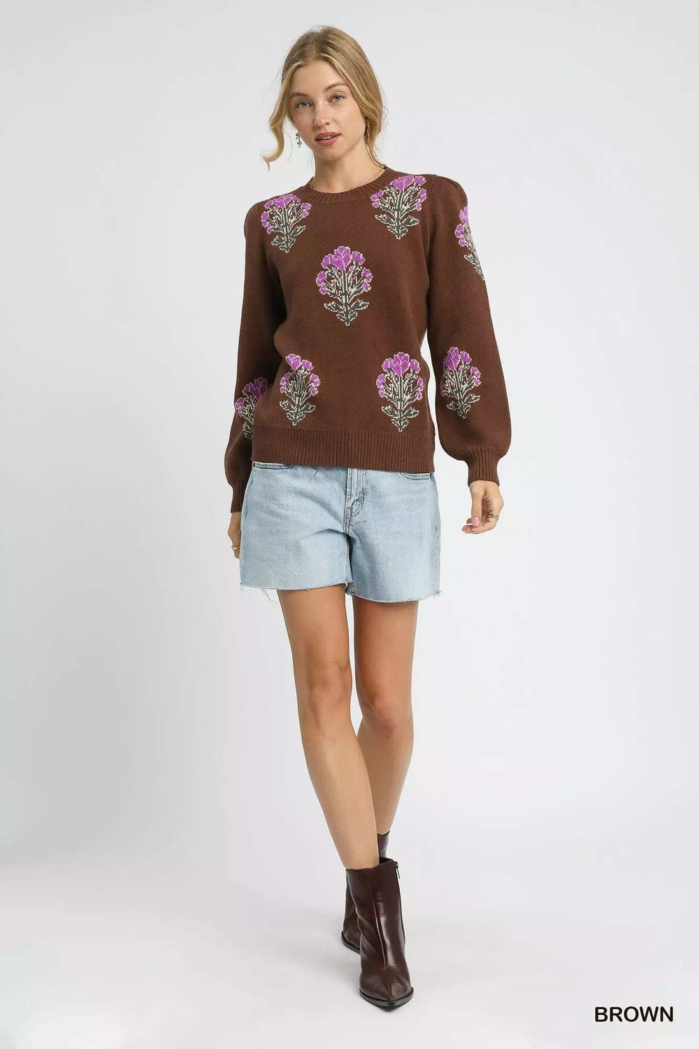 Umgee Single Flower Stem Jacquard Sweater - Trendsi - Flyclothing LLC