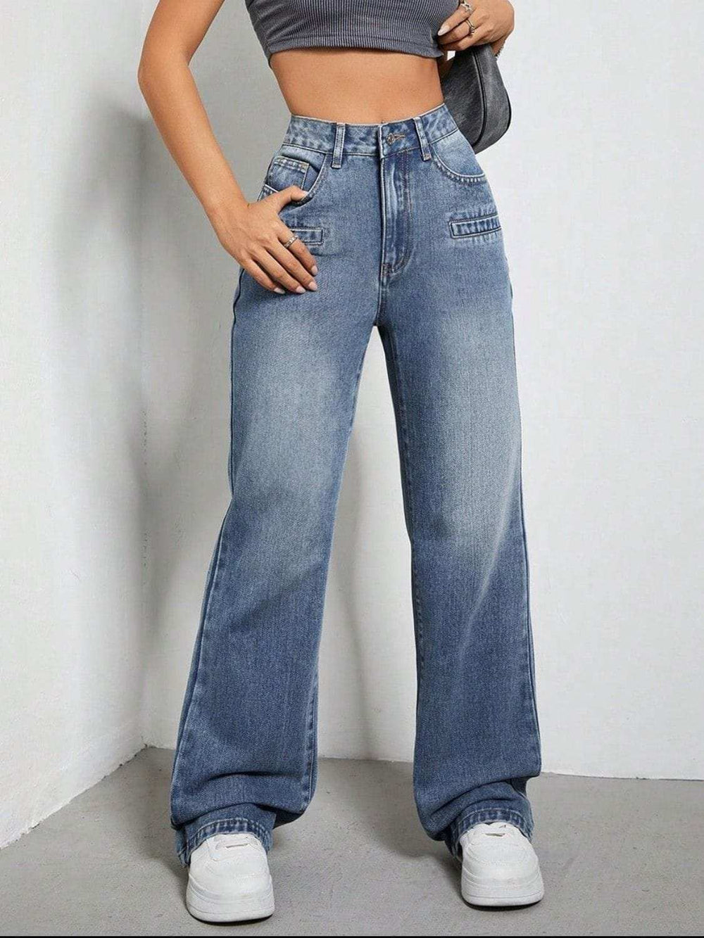 High Rise Wide Leg Jeans with Pockets - Trendsi - Flyclothing LLC