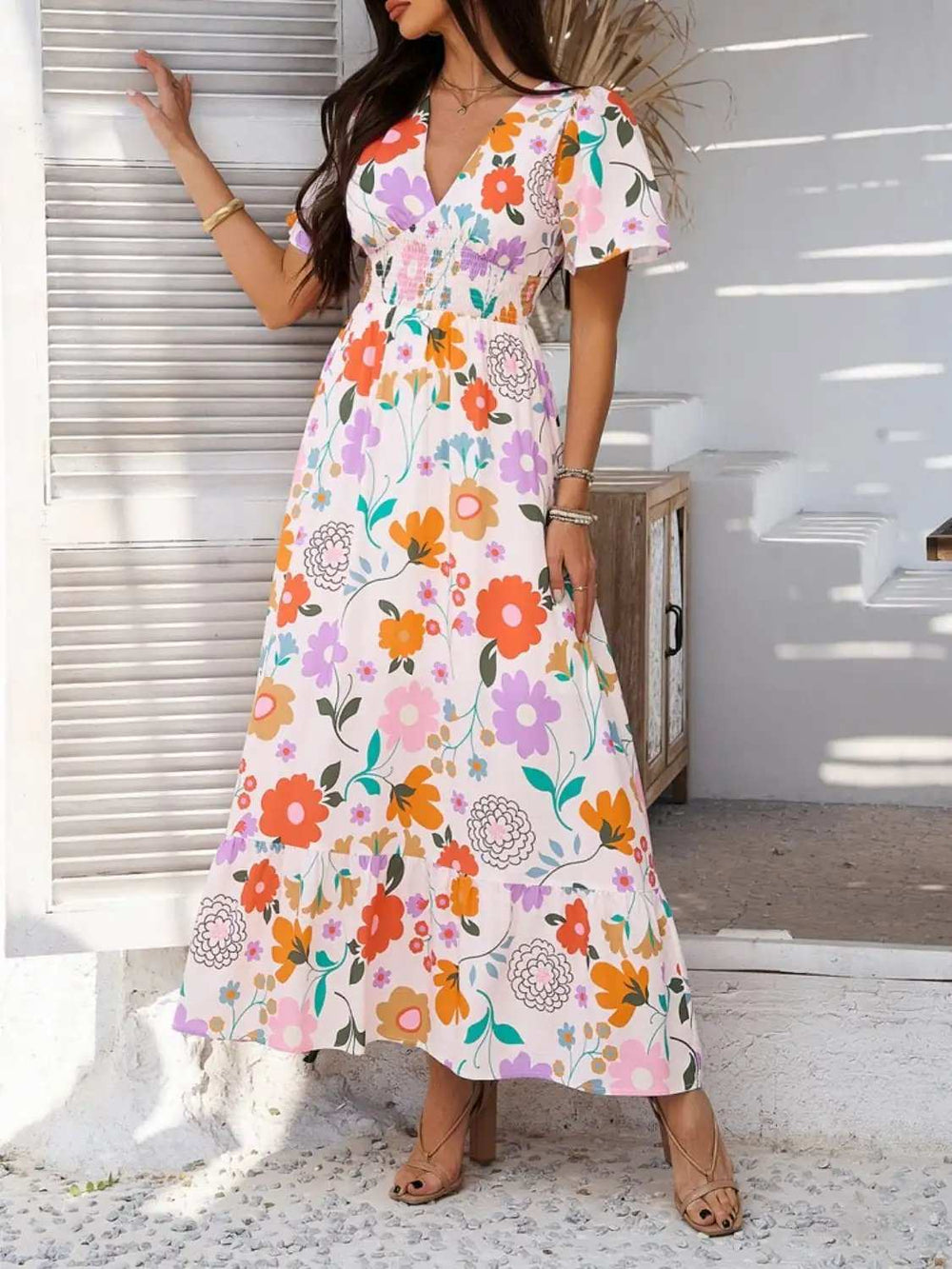 Devine Smocked Printed V-Neck Short Sleeve Maxi Dress - Trendsi - Flyclothing LLC