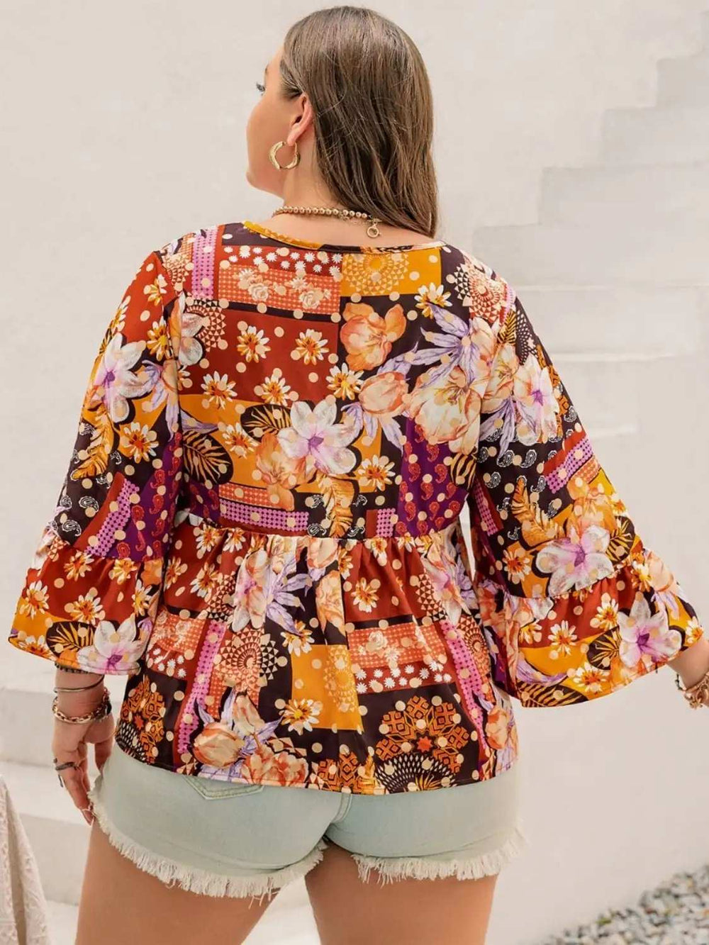 Plus Size Printed Tie Neck Blouse - Trendsi - Flyclothing LLC