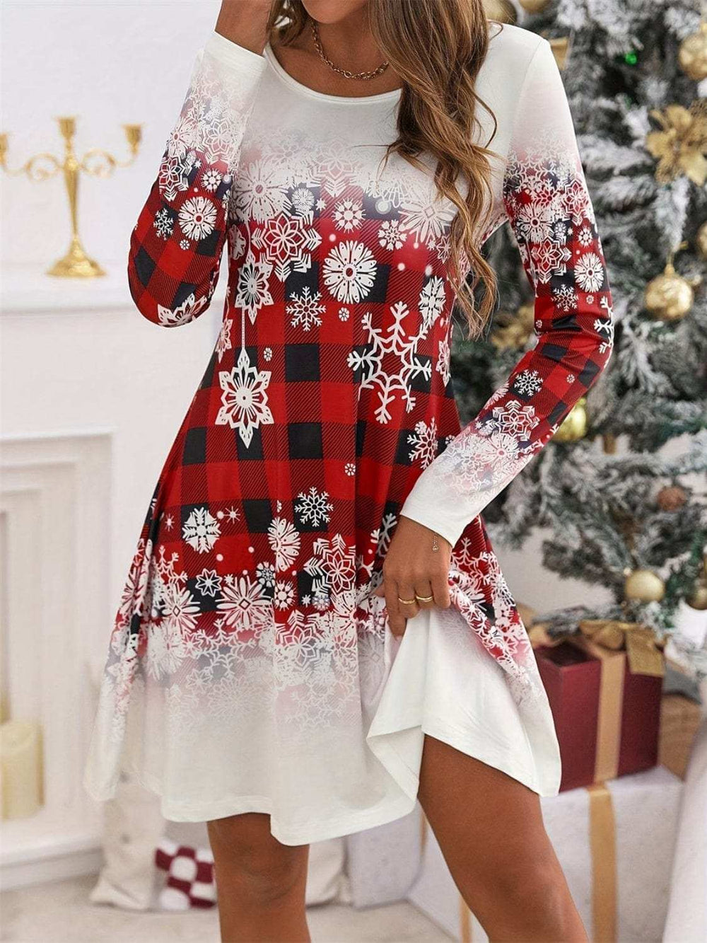 Snowflakes Plaid Round Neck Long Sleeve Dress - Trendsi - Flyclothing LLC