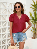 Swiss Dot Lace Detail V-Neck Blouse - Trendsi - Flyclothing LLC
