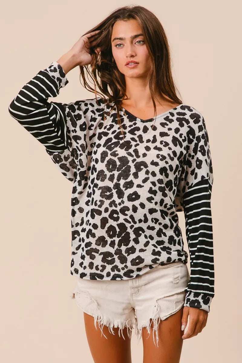 BiBi Leopard Hacci Knit Twist Back Top With Stripe Sleeve - Trendsi - Flyclothing LLC
