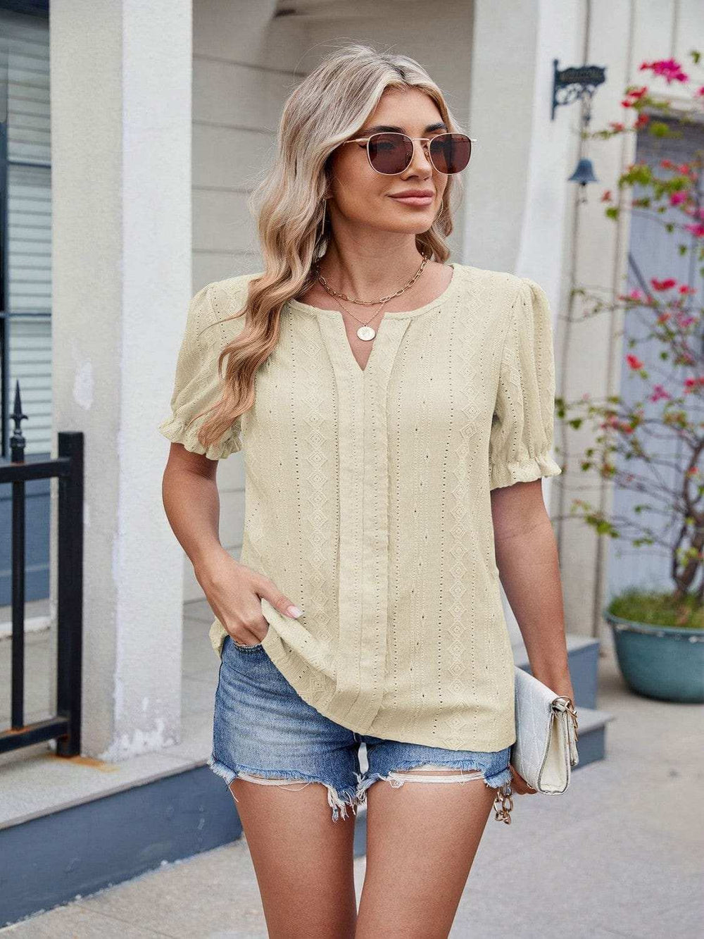 Eyelet Notched Short Sleeve Top - Trendsi - Flyclothing LLC