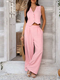 Devine Button Down Vest and Wide Leg Pants Set - Trendsi - Flyclothing LLC