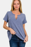 Zenana Notched Short Sleeve Waffle T-Shirt - Trendsi - Flyclothing LLC
