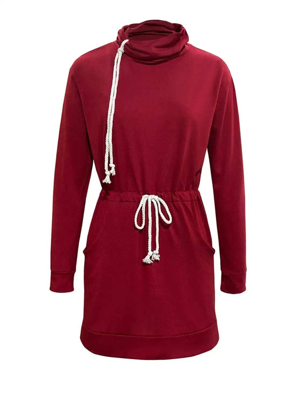 Drawstring Turtleneck Long Sleeve Mini Dress - Trendsi - Flyclothing LLC