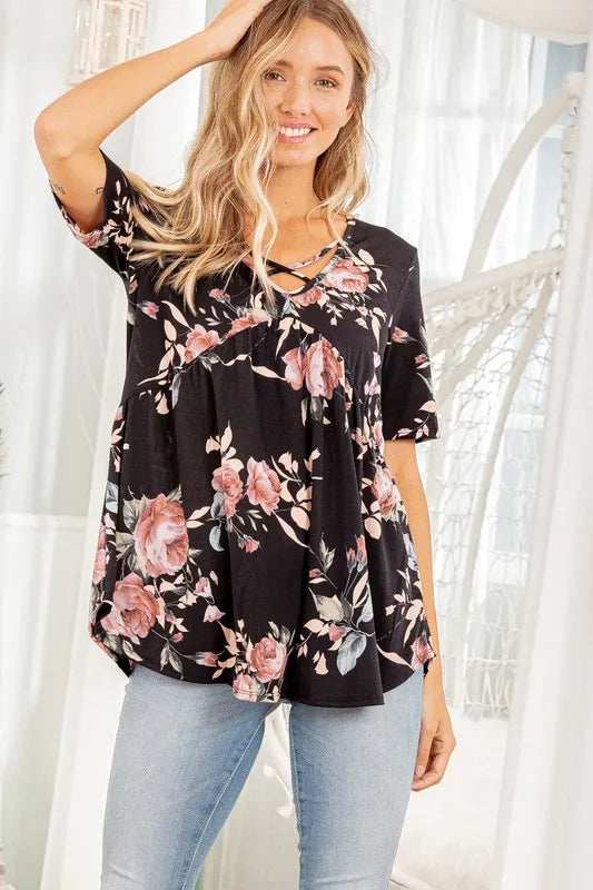 Heimish Full Size Crisscross Neck Floral Babydoll Top Plus Size - Trendsi - Flyclothing LLC