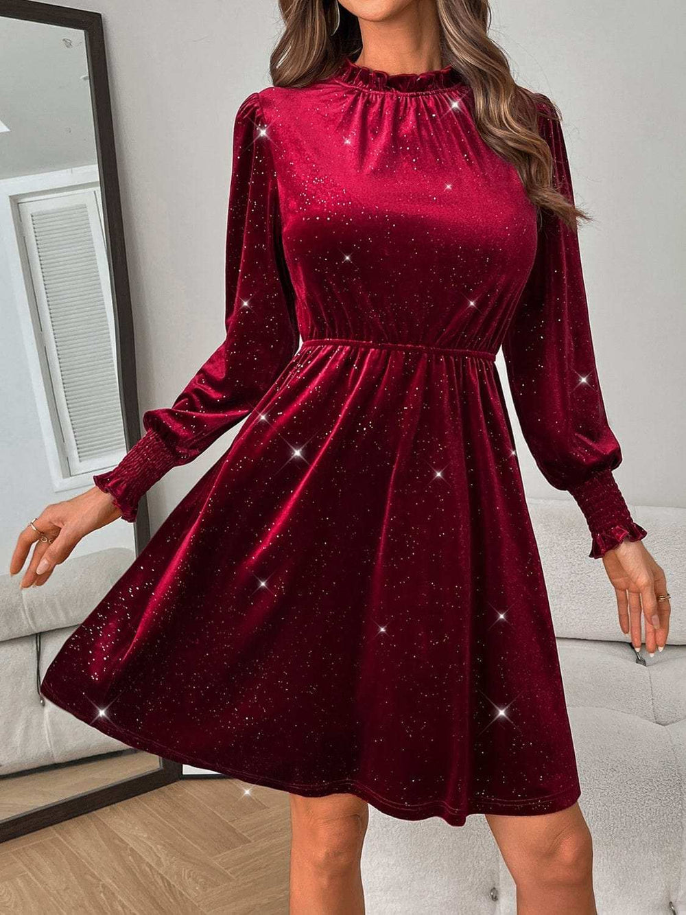 Glitter Mock Neck Long Sleeve Mini Dress - Trendsi - Flyclothing LLC