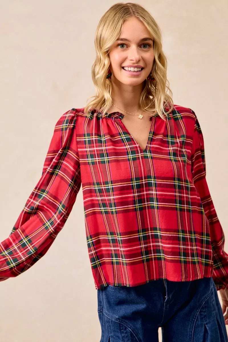BiBi Christmas Plaid Balloon Sleeves Ruffled V-Neck Top - Trendsi - Flyclothing LLC
