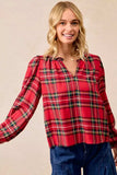 BiBi Christmas Plaid Balloon Sleeves Ruffled V-Neck Top - Trendsi - Flyclothing LLC