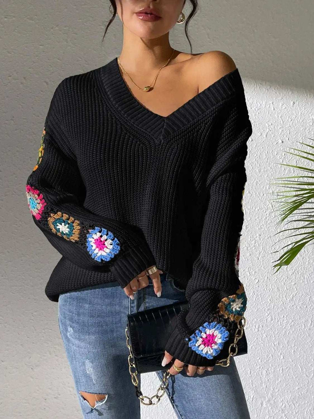 Crochet Flower V-Neck Sweater - Trendsi - Flyclothing LLC