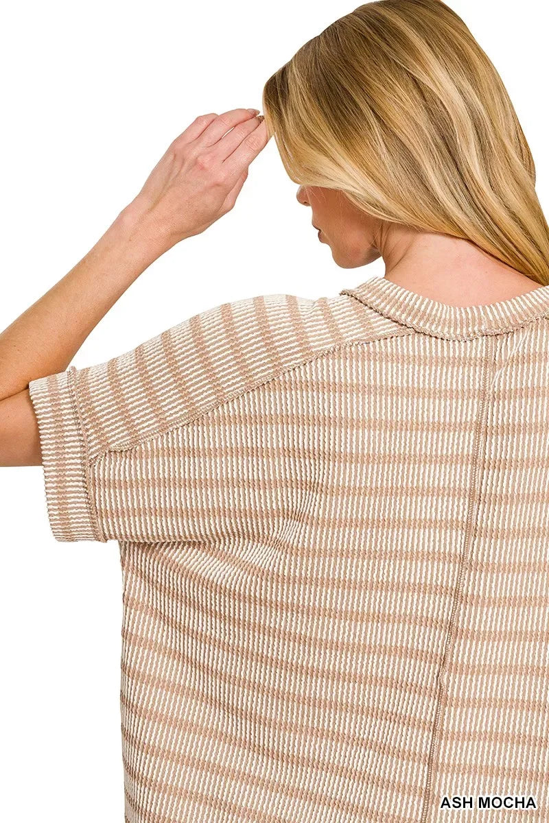 Zenana Raised Rib Striped Exposed Seam Top - Trendsi - Flyclothing LLC