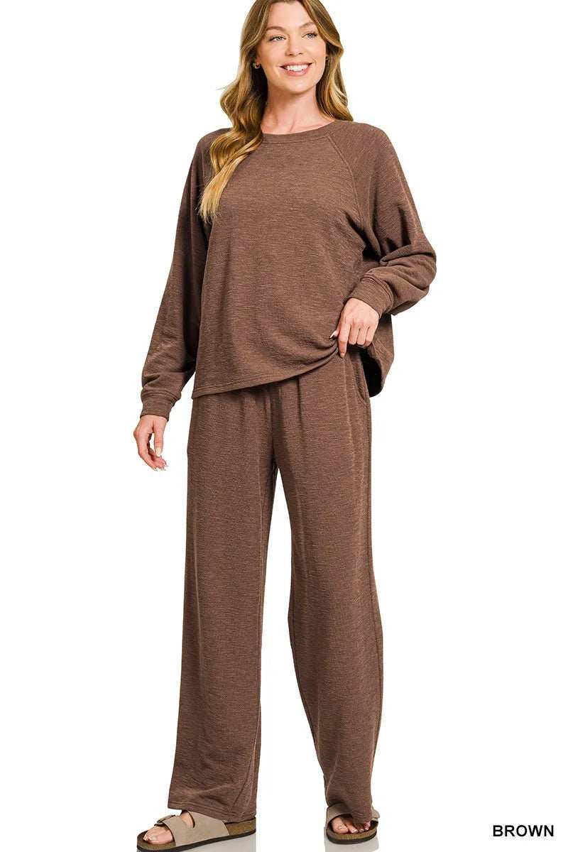 Zenana Slub Long Sleeve Top and Pants Lounge Set - Trendsi - Flyclothing LLC