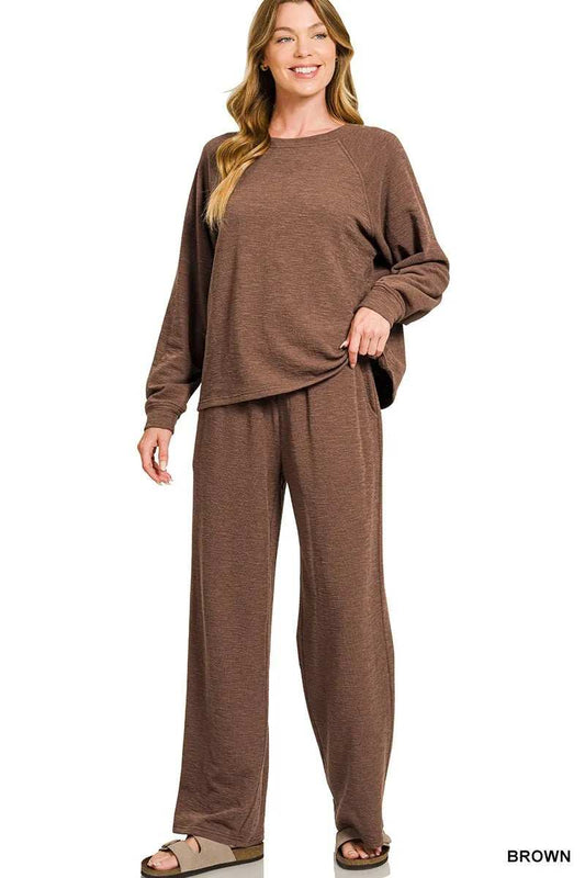 Zenana Slub Long Sleeve Top and Pants Lounge Set - Trendsi - Flyclothing LLC