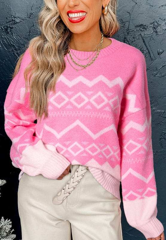 Geometric Drop Shoulder Long Sleeve Sweater - Trendsi - Flyclothing LLC