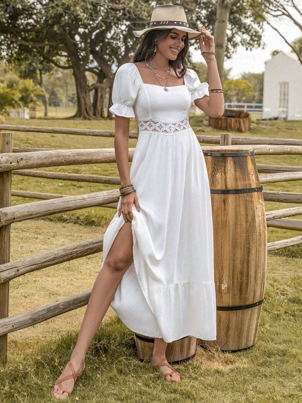 Square Neck Flounce Sleeve Midi Dress - Trendsi - Flyclothing LLC