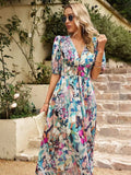 Smocked Printed V-Neck Half Sleeve Midi Dress - Trendsi - Flyclothing LLC