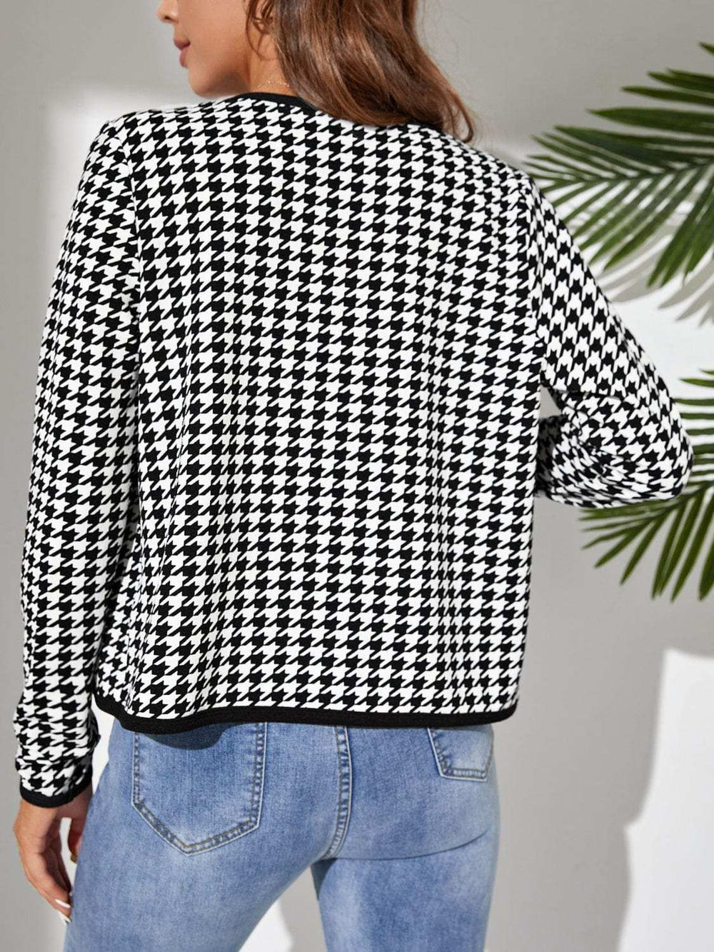Houndstooth Open Front Long Sleeve Jacket - Trendsi - Flyclothing LLC
