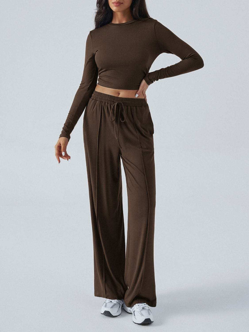 Devine Round Neck Long Sleeve Top and Pants Set - Trendsi - Flyclothing LLC