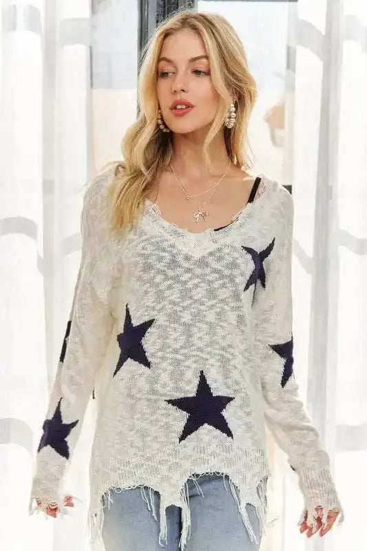 ADORA Distressed Star Sweater Top - Trendsi - Flyclothing LLC